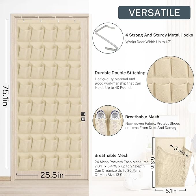 40-Pocket Over the Door Shoe Organizer - Large Mesh Pocket Hanging Shoe Organizer,Behind the Door Shoes Storage Holder Hanger - Image 3