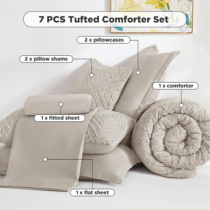 Andency Oversized Queen Comforter Set 7 Piece Linen - Bed in a Bag Oversized Queen Boho Lightweight Fluffy Tufted Bedding Sets with Comforter, Sheets, Pillowcases & Shams
