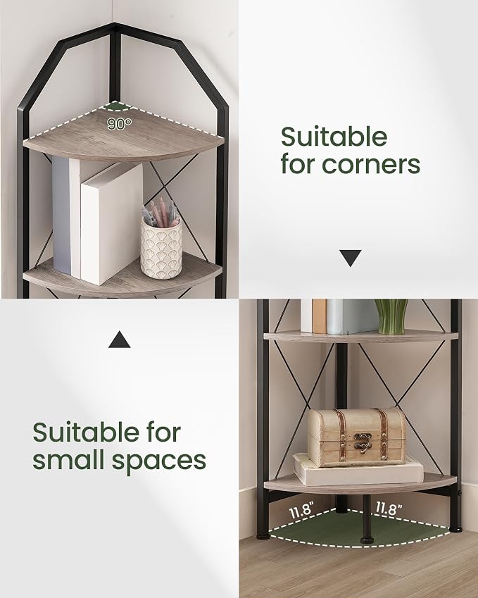 CHOEZON 4-Tier Corner Shelf, Industrial Corner Bookshelf, 47.6" Corner Storage Stand, Plant Stand Display Shelf, Corner Bookcase for Bedroom, Living Room, Home Office, Greige and Black TCJ09BG - Image 3
