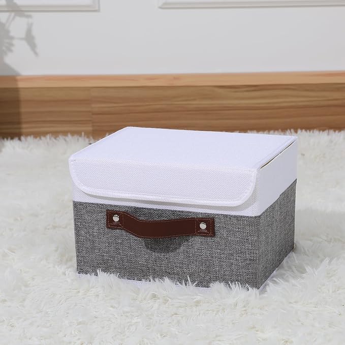 ANMINY Storage Boxes with Lids Washable Decorative Storage Bins Basket with PU Leather Handle Foldable Linen Fabric Storage Cubes Containers for Home Closet Organizer - Gray White, Small Size - Image 6