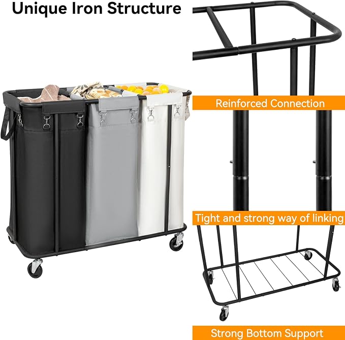 WOWLIVE Laundry Hamper with Wheels 260L Rolling Laundry Basket 3 Section Organizer Laundry Cart with Steel Frame and Removable Bags Large Dirty Clothes Hamper Dorm Room Storage for Bedroom - Image 6