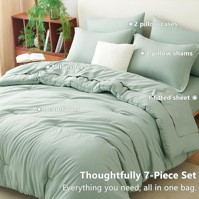 CozyLux California King Comforter Set Sage Green, 7 Pieces Cal King Bed in a Bag Bed Comforter Set with Sheets, Luxury Soft Bedding Sets with Down Alternative Comforter, Sheets, Pillowcases & Shams