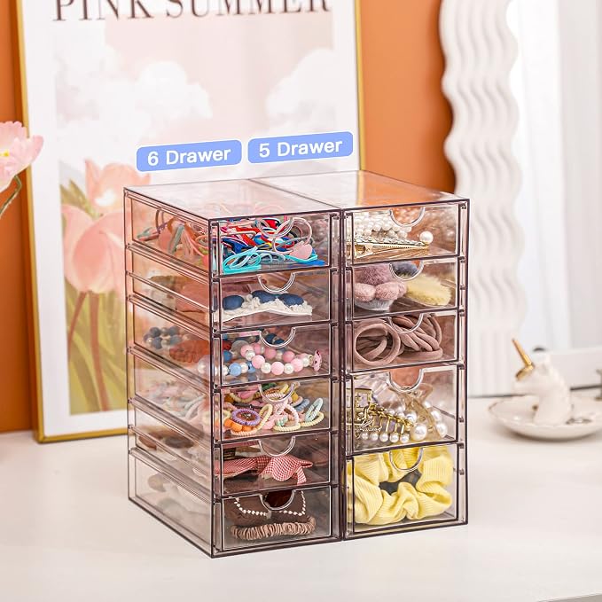 FABROK Clear Hair Accessory Organizer Box with 6 Drawers, Compact Storage Organization Drawers Set for Cosmetics, Glasses, Stationery, Stackable Storage Containers Box for Bathroom, Closet, Office - Image 7