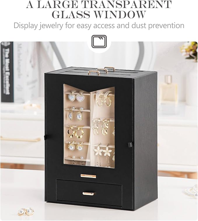 Homde Jewelry Organizer with Transparent Window Necklace Hooks Gift for Women Jewelry Box Display Case for Necklaces Rings Earrings Bracelets and Other Jewelry Accessories (Black + Gold) - Image 2