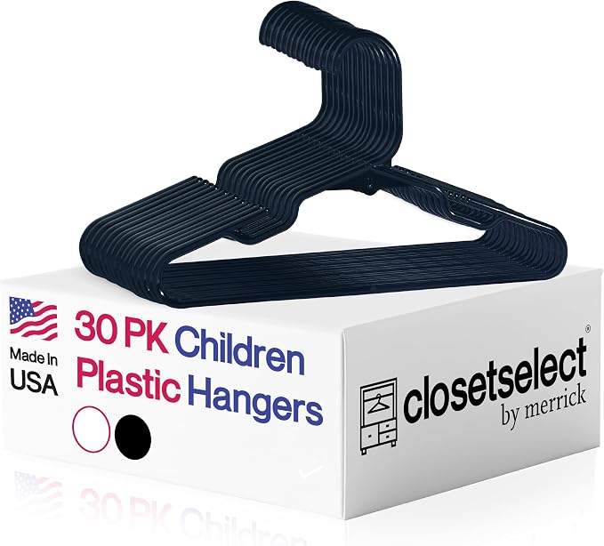 Closetselect Childrens Hangers 30 Pack - 11.75 Inch Plastic Kids Hangers for Closet, Baby Hangers for Children Clothes Sizes 0 to 8, Non-Slip Infant Hangers with Shoulder Grooves, Made in USA | Black by closetselect