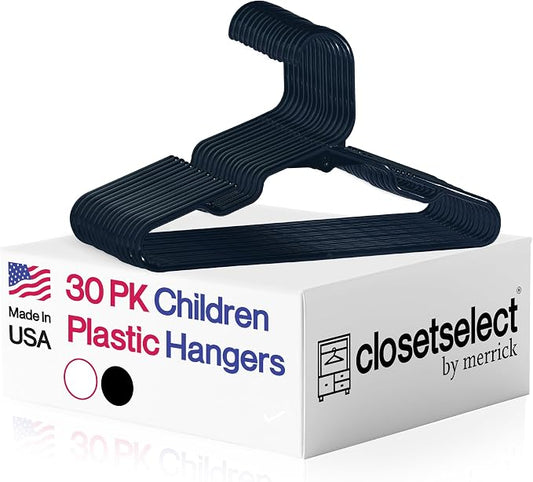 Closetselect Childrens Hangers 30 Pack - 11.75 Inch Plastic Kids Hangers for Closet, Baby Hangers for Children Clothes Sizes 0 to 8, Non-Slip Infant Hangers with Shoulder Grooves, Made in USA | Black by closetselect