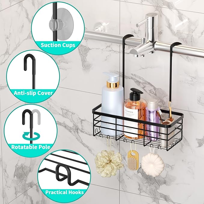 HapiRm Hanging Shower Caddy Organizer - No Drilling Shower Organizer with Hooks, Rustproof & Waterproof 304 Stainless Steel Bathroom Shelves - Black (1 Basket) - Image 2