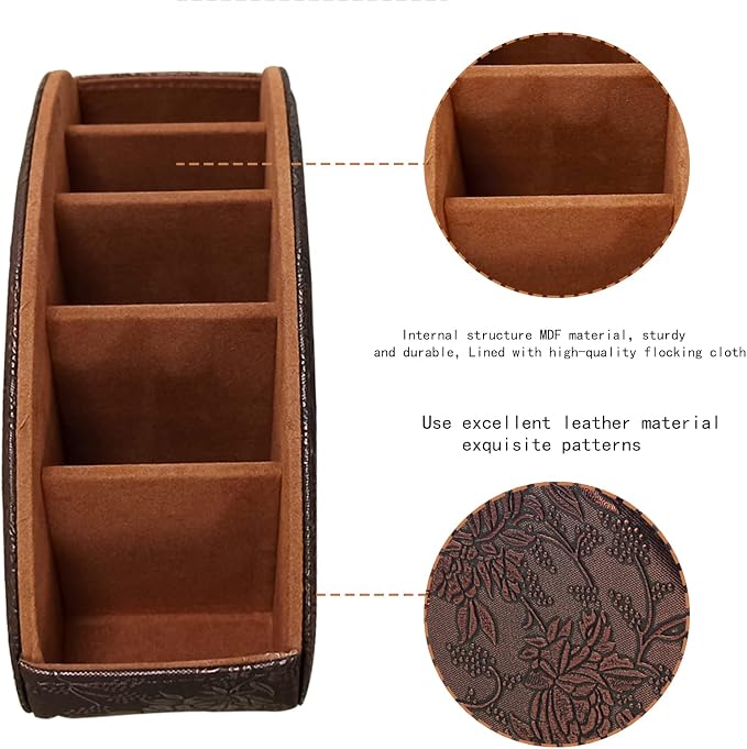 Leather Remote Control Holder TV Remote Caddy Store Box, Bedside Table Organizer for Controller, Media Player, Brush, Glasses, Note Paper and Pen Storage(Retro) - Image 3