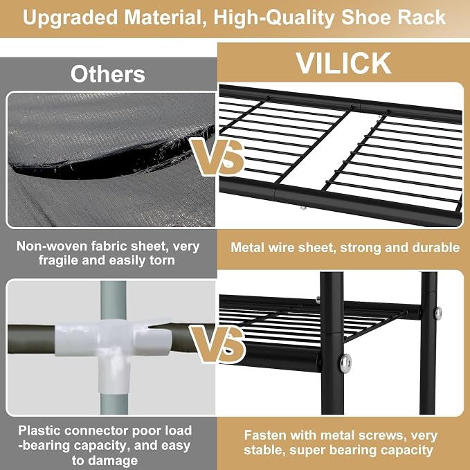 VILICK 5 Tier Shoe Rack 33" Wide Metal Shoe Organizer Long Shoe Storage with 4 Side Hooks Sturdy Shoes Shelf for Closet, Front Door Entrance, Garage, Dorm, Black - Image 5