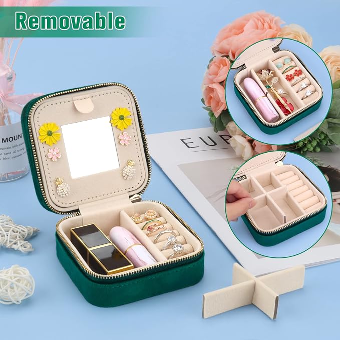 DesignSter Travel Jewelry Box - Velvet Mini Jewelry Organizer, Small Jewelry Case for Girls Women, Jewelry Storage Box for Rings Earrings Necklace (Square, Emerald Green) - Image 3
