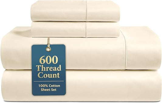 LANE LINEN Bed Sheets Queen Size – Premium 600 Thread Count Long-Staple 100% Cotton Sheets Queen Size Set, Hotel Luxury Soft & Cool Sateen Finish, Fully Elasticized 15" Deep Pocket – Ivory