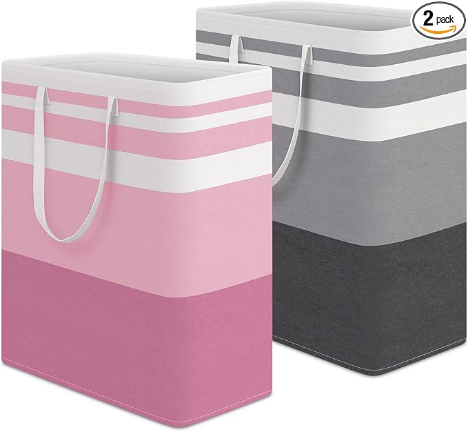 HomeHacks 2 Pack Large Laundry Baskets, Waterproof, Freestanding Laundry Hampers, Collapsible Clothes Hamper with Reinforced Handles in Laundry, College Dorm, Bathroom, Bedroom (Grey+Pink, 125Lx2) by HomeHacks