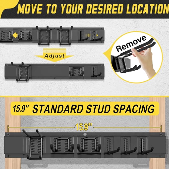 64'' Garage Tool Organizer Wall Mount, 18 PCS Adjustable Garden Tool Hanger Rack, Garage Hooks Heavy Duty, Shovel Holder Wall Mount, Storage Hooks for Hanging in Garage - Image 3
