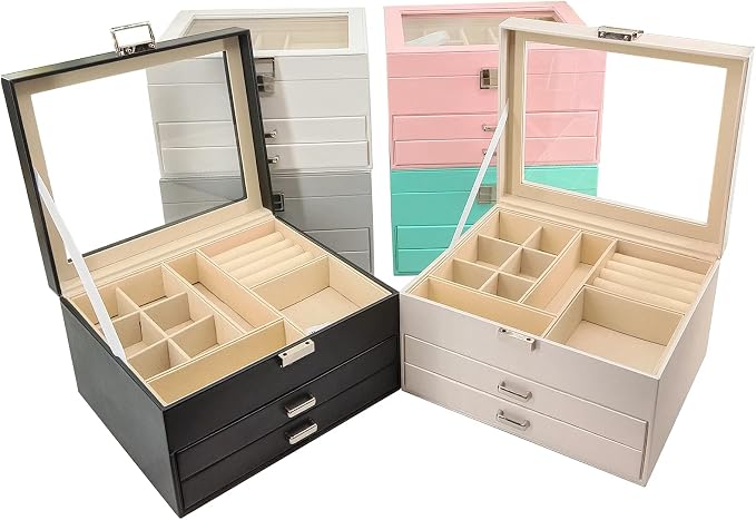 Clear Lid Jewelry Box,3 Layers Jewelry Organizer Large Multi-Functional Jewelry Storage Box with 2 Drawers,Jewelry Display Case of Rings Earrings Necklace Bracelets for Women Girls (Light gold) - Image 9