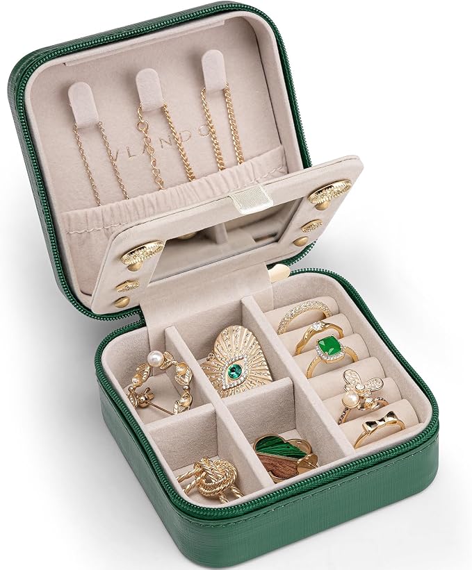 VLANDO Small Travel Jewelry Box Organizer - Girls Women Gift Rings Earrings Necklaces Jewelry Storage Display Case with Mirror Dark Green by VLANDO