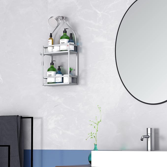 Meangood Shower Caddy, Silver Hanging Shower Caddy Organizer 10.4" x 4.5" x 22.04" Over Shower Head Big Capacity for Shampoo, Conditioner with Hooks for Razor/Sponge - Image 6