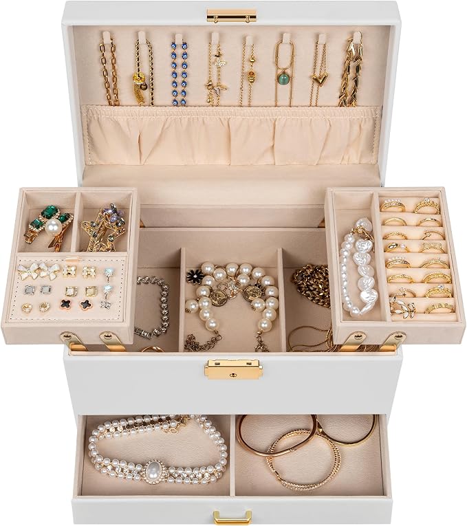 AKOZLIN Travel Jewelry Box Organizer Functional 2-trays Leather Jewelry Storage Case with Lockable Portable Drawer for Women Girls Ring Necklace Earring Bracelet - Image 2