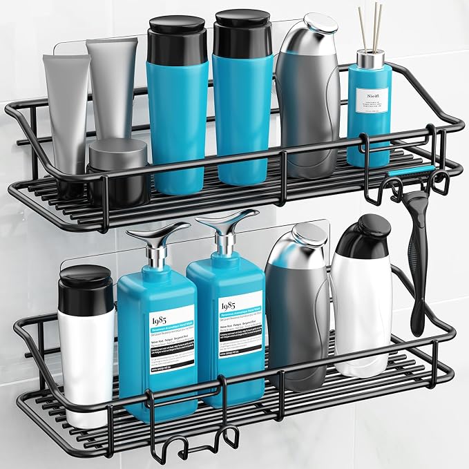 Nieifi Shower Caddy Shelf with Hooks Storage Rack Organizer Adhesive Stainless Steel Without Drilling for Bathroom, Lavatory, Washroom, Restroom, Shower, Toilet, Kitchen - 2 Pack (Black) - Image 4