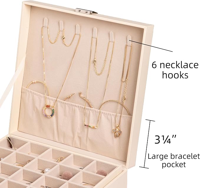 Frebeauty Earring Organizer Classic Jewelry Box 50 Slots Double Layer Jewelry Storage Case with 6 Necklace Hook and Bracelet Pocket(Beige) - Image 4