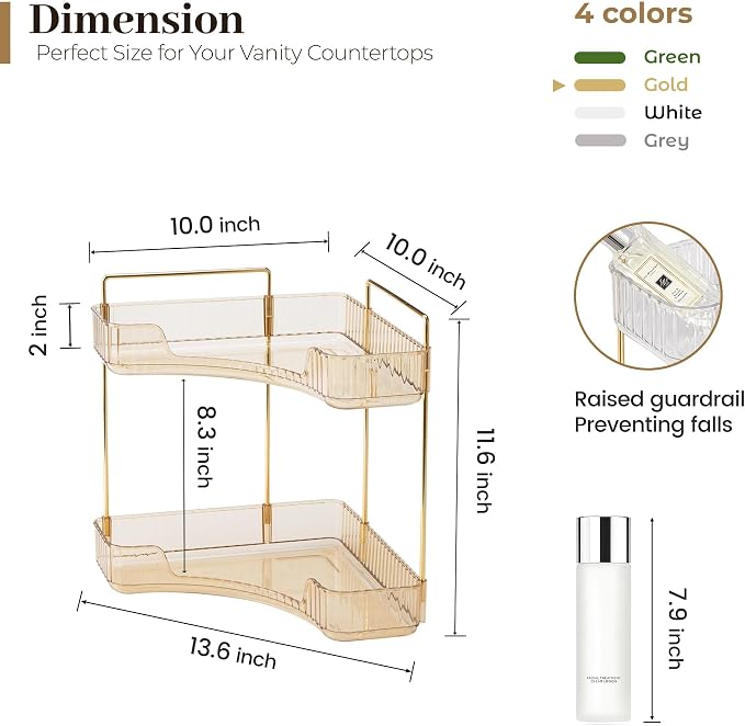 Aveniee Corner Bathroom Counter Organizer, Bathroom Countertop Shelf Makeup Organizer for Vanity Perfume Tray for Corner Storage (2 Tiers, Gold) - Image 3
