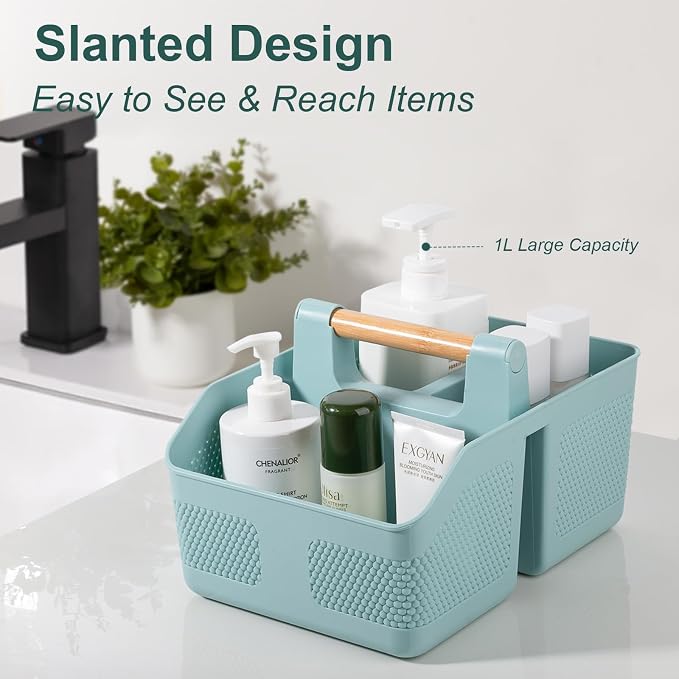 rejomiik Shower Caddy Portable with Bamboo Handle, Plastic Basket Cleaning Caddy Organizer Storage Tote for Bathroom, College, Dorm Room Essentials, Blue - Image 3