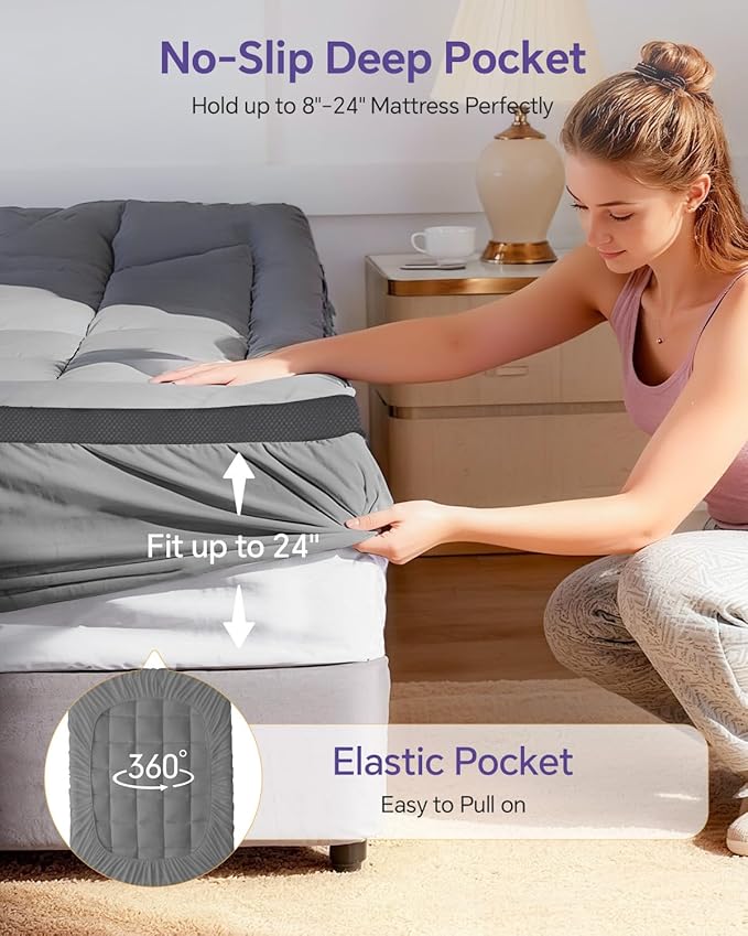 Dual Layer 4 Inch Memory Foam Mattress Topper Queen - 2 Inch Gel Memory Foam and 2 Inch Pillow Top Mattress Pad, 7-Zone Egg Crate Queen Size Mattress Topper (Gray)