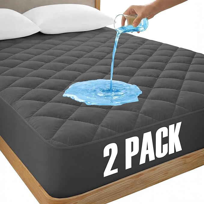 LUX Décor King Mattress Pad - 2 Pack - Quilted Elastic Fitted Mattress Cover Protector Upto 16 Inches Deep Pocket - Soft Breathable Noiseless Mattress Topper (Grey “78 X 80”)