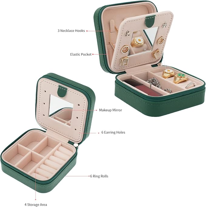 KElofoN Travel Jewelry Case with Mirror - Small Organizer Box for Girls & Women (Green-5) - Image 5