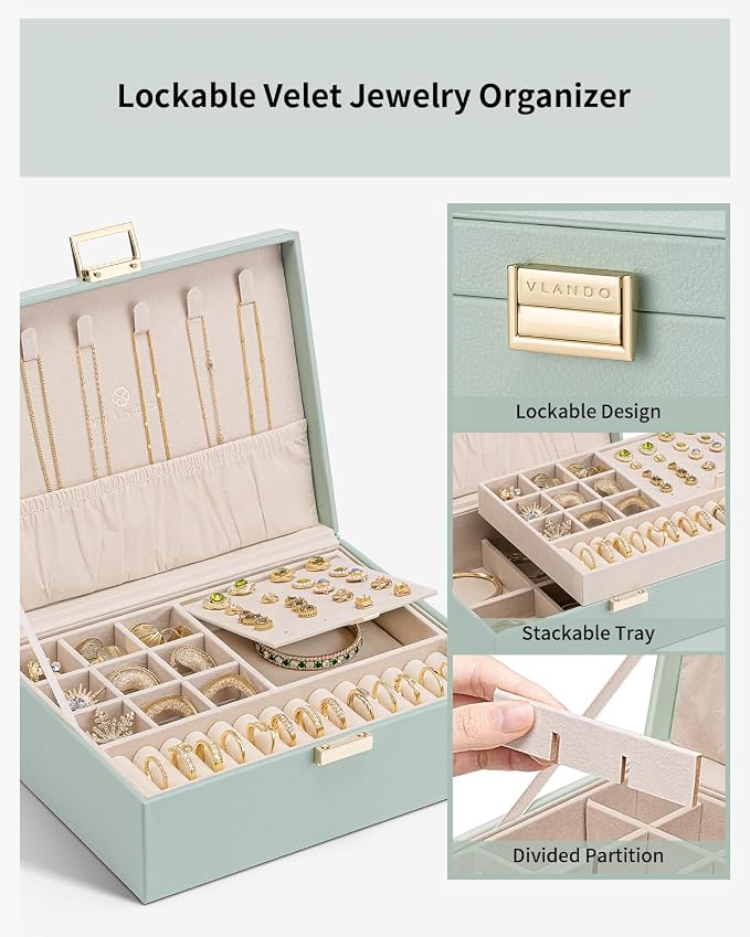 VLANDO 2 Layer Jewelry Box Large Jewelry Organizer for Women Removable Jewelery Tray for Necklace Earrings Rings Bracelets Holidays Gifts for Mom Wife (Green) - Image 3
