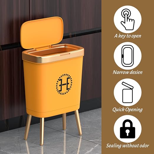 Procade Bedroom Trash Can with Lid,Slim Bathroom Trash Cans with Lids, Dog Proof Trash Bin with Press Top Lid,Modern Gold Trash Can Plastic Waste Basket for Living Room, Office,Kitchen, 4 Gal-Orange - Image 6