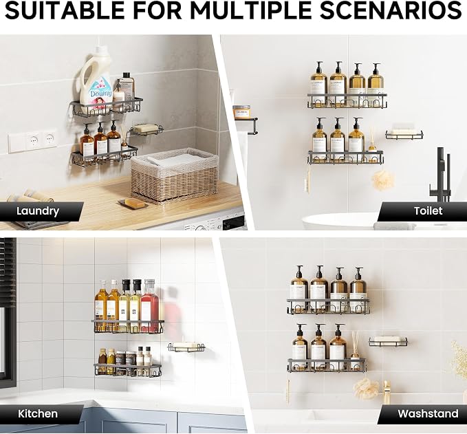 Shower Caddy, 3 Pack Shower Shelves for Inside Bathroom, Rustproof Adhesive Bathroom Organizer with Soap Holder, No Drilling Washroom Organizers and Storage for Bathtub Room/Kitchen/Home, Grey - Image 8