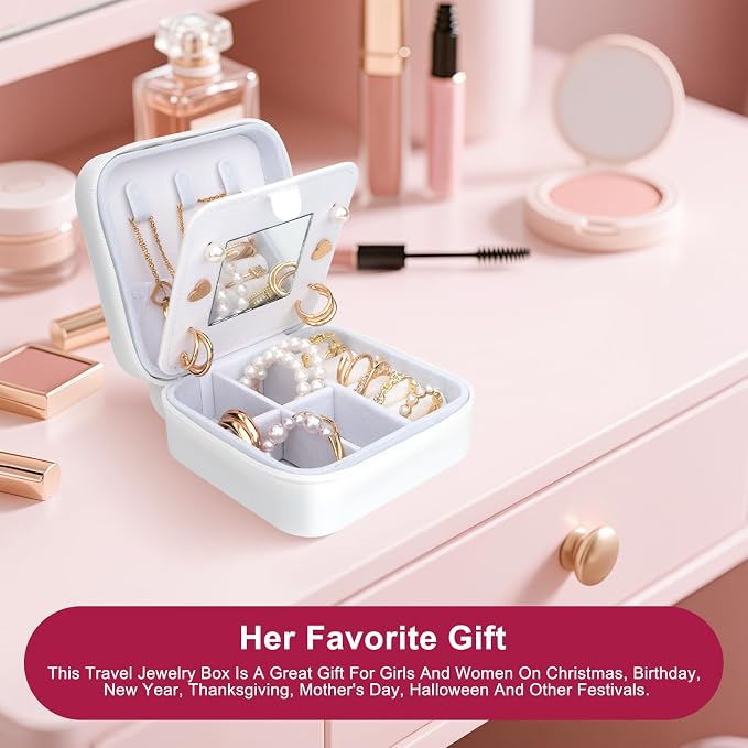 Cute Bunny Travel Jewelry Case with Mirror, Silicone Portable Small Mini Jewelry Organizer Box for Women Girls Mom, Wedding, Birthday Gift - White - Image 6