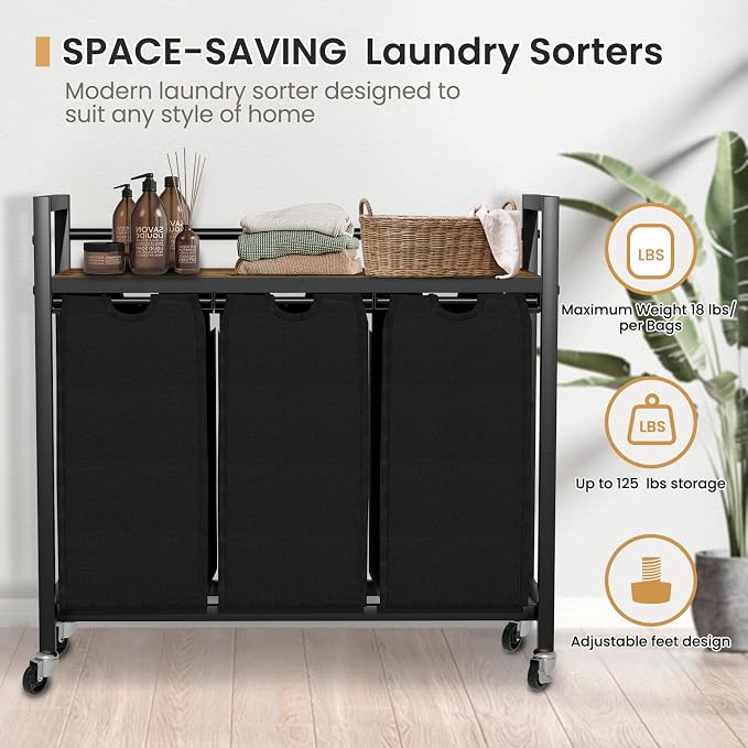 SwaaVee Laundry Hamper, Laundry Basket, Laundry Sorter with 3 Removable Bags, Clothes Basket with 3 Compartments, Wheels, Shelf for Laundry Room Bathroom Bedroom (3 Bags-Black) - Image 8