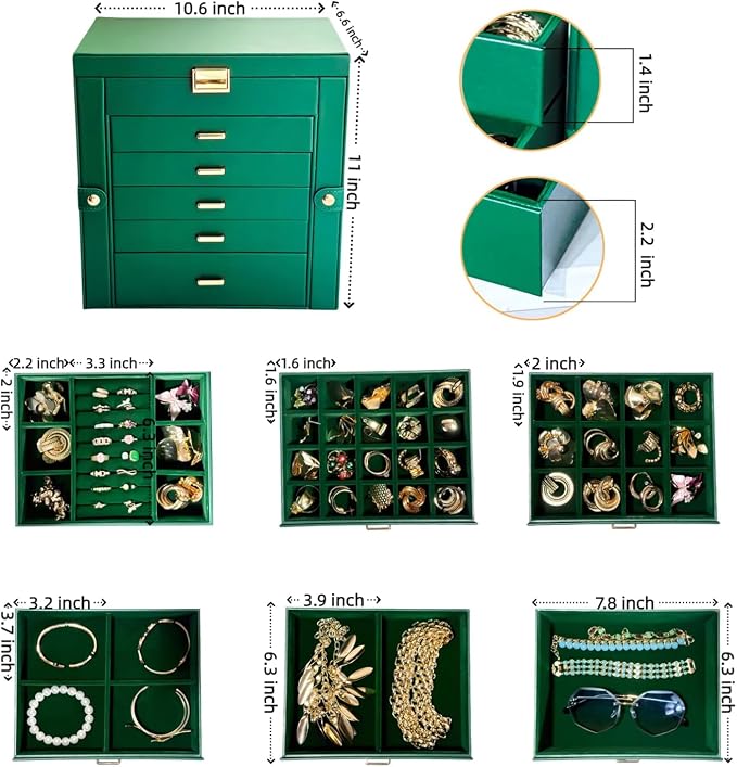 BOOVO Jewelry Box For women, 6 Layer Large Jewelry Organizer With Mirror, Multi-Function Storage Box With Lock, Necklace Holder With 5 Drawers, For Earrings Necklace Bracelet (Green and Gold) - Image 4