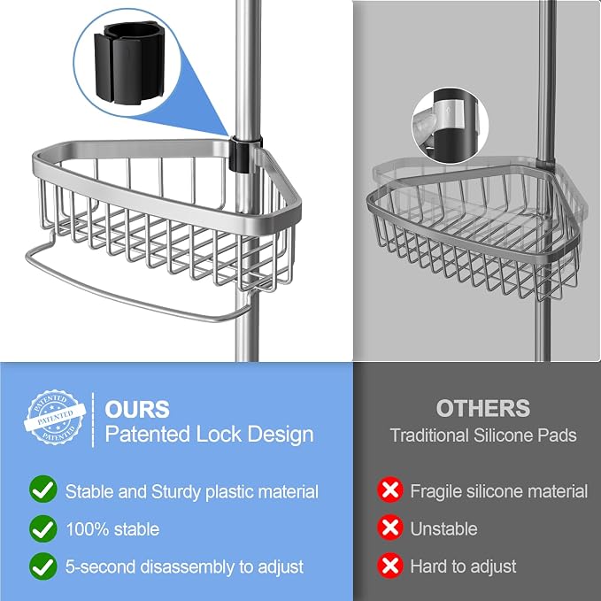 ESSEME Corner Shower Caddy Tension Pole: Adjustable Rustproof 4-Tier Inside Bathroom Organizer - 47-121 inch Quick Installation Bathtub Shelves for Shampoo Storage - Rod Floor Standing Bath Rack - Image 3