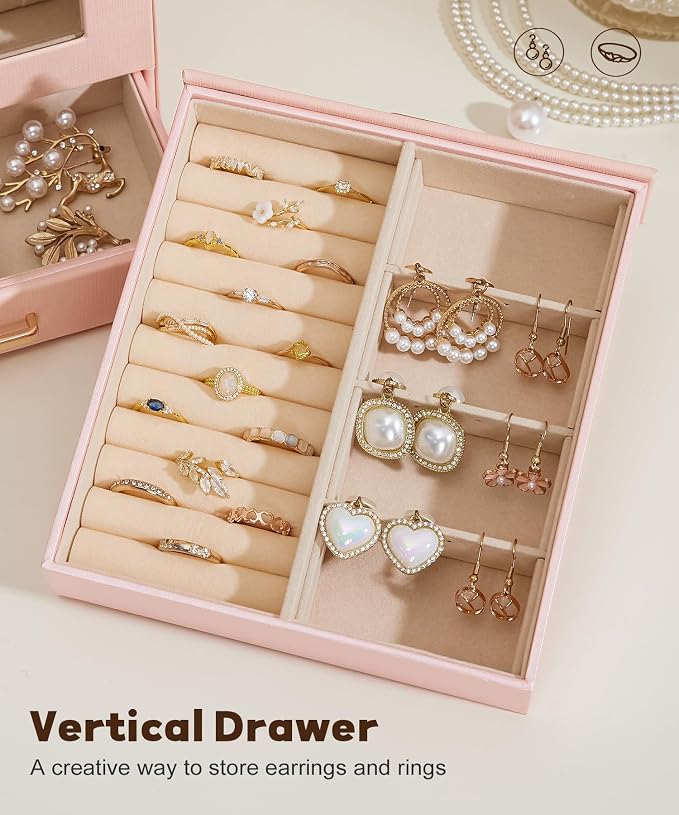 Homde Jewelry Organizer Girls Women Jewelry Box for Necklaces Rings Earrings Gift Bracelets Storage Case (Peach Pink + Gold) - Image 5