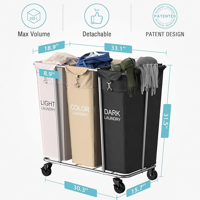 PLKOW Laundry Sorter 3 Section, 220L Large Laundry Cart with Wheels 3 Hamper Laundry Sorter with Steel Frame and Removable Bag, Rolling Laundry Cart for Home, Laundry Room, Hotel, 6 Bushel - Image 7