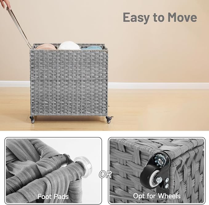 Laundry Hamper with Wheels, 34.3 Gallon(130L) Rolling Laundry Basket with Lid, 3-Section Rattan Clothes Hamper with 3 Removable Liner & 3 Mesh Bags, Laundry Sorter with Side Pocket, Grey - Image 5