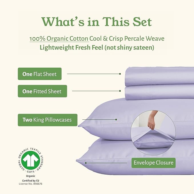 California Design Den Deep Pocket King Sheet Set - Soft 100% Organic Bed Sheets, Crisp Percale, Breathable and Durable Bedding Set - Lavender Mist