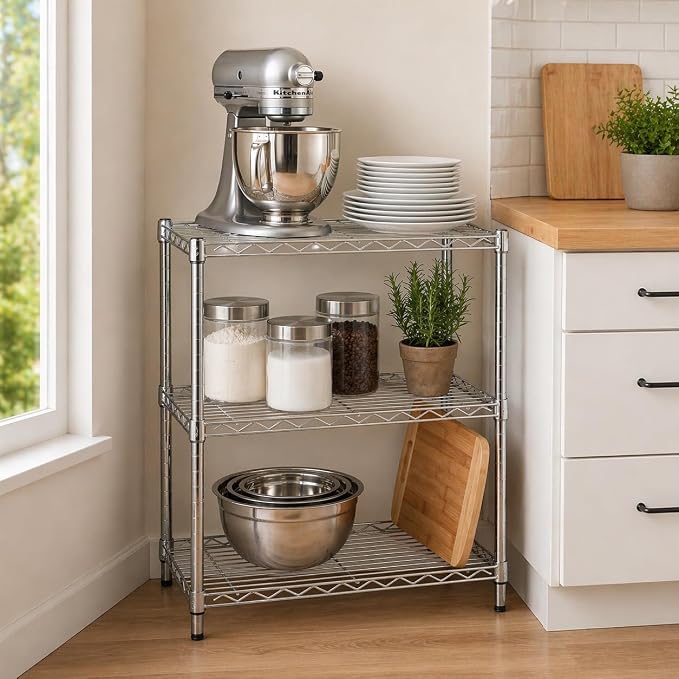 Honey-Can-Do 3-Tier Heavy Duty Adjustable Shelving Unit, 250-lb Per Shelf Metal Storage Rack, Wire Shelf for Kitchen Garage Pantry Closet, Chrome, 24 x 14 x 30 in - Image 2
