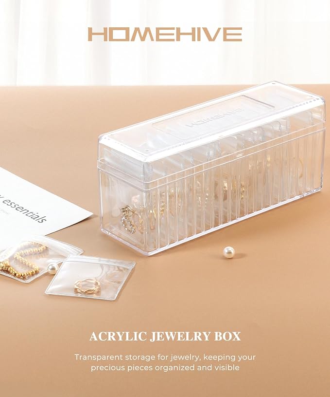 HOMEHIVE Acrylic Jewelry Box Organizer, Clear Jewelry Organizer and Storage with 20 Portable Anti Tarnish Jewelry bags, Travel Jewelry Case for Earrings/Rings/Necklaces Gifts for Women Girls, Clear - Image 2