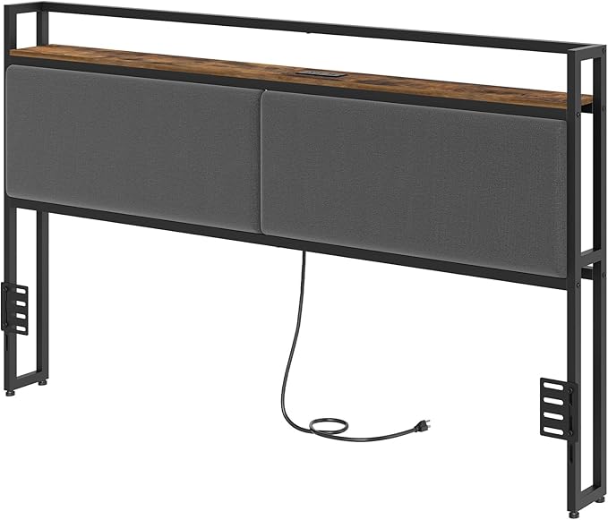 YATINEY King Size Headboard Only, King Headboard with Charging Station, Upholstered Head Board with Open Storage, Height Adjustable, Vintage Style, Sturdy and Stable, Rustic Brown, Gray and Black