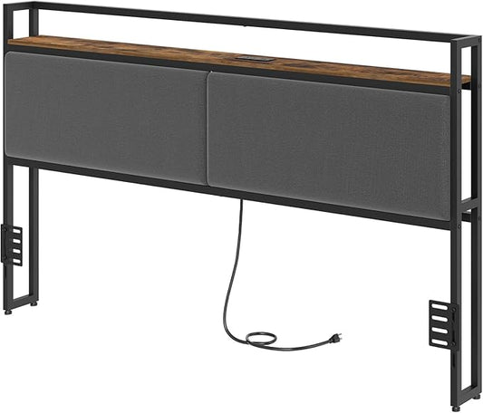YATINEY King Size Headboard Only, King Headboard with Charging Station, Upholstered Head Board with Open Storage, Height Adjustable, Vintage Style, Sturdy and Stable, Rustic Brown, Gray and Black