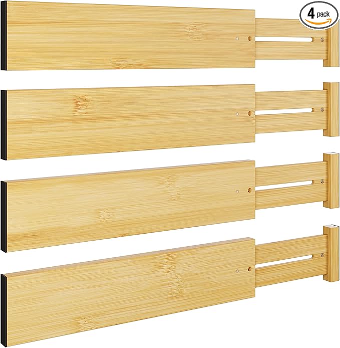 BAMEOS 4 pcs 3" High Bamboo Drawer Dividers Adjustable Drawer Organizer Expandable Drawer Organization Utensil Organizers for Kitchen Dresser Bathroom Bedroom and Office by BAMEOS