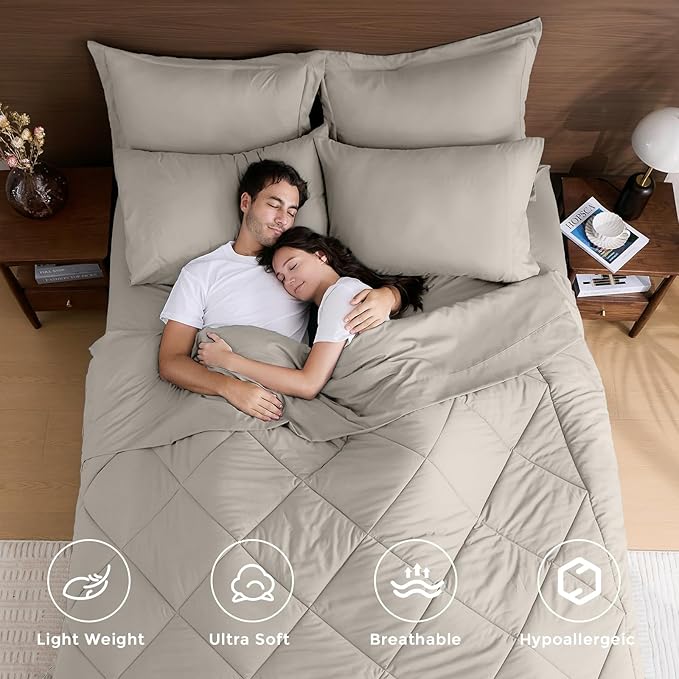 HEVUMYI Oatmeal Twin-XL Comforter Set - 5-Piece All Season Bed in a Bag Twin-XL, Ultra Soft Bedding Set with Comforter, Flat Sheet, Fitted Sheet, Pillowcases, Pillow Shams