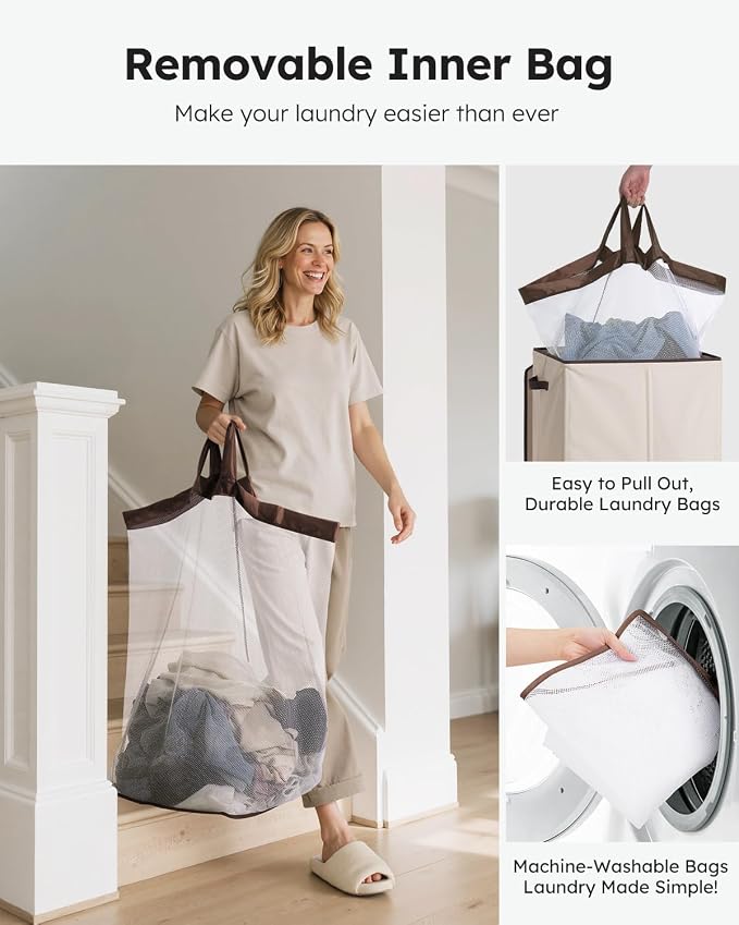 SOLEDI Laundry Hamper with Lid 130L Large & Tall Collapsible Laundry Basket, Clothes Hamper with Bag Removable Easy to Carry, Dirty Hampers for Bedroom, Bathroom, Dorm, College, Beige - Image 4