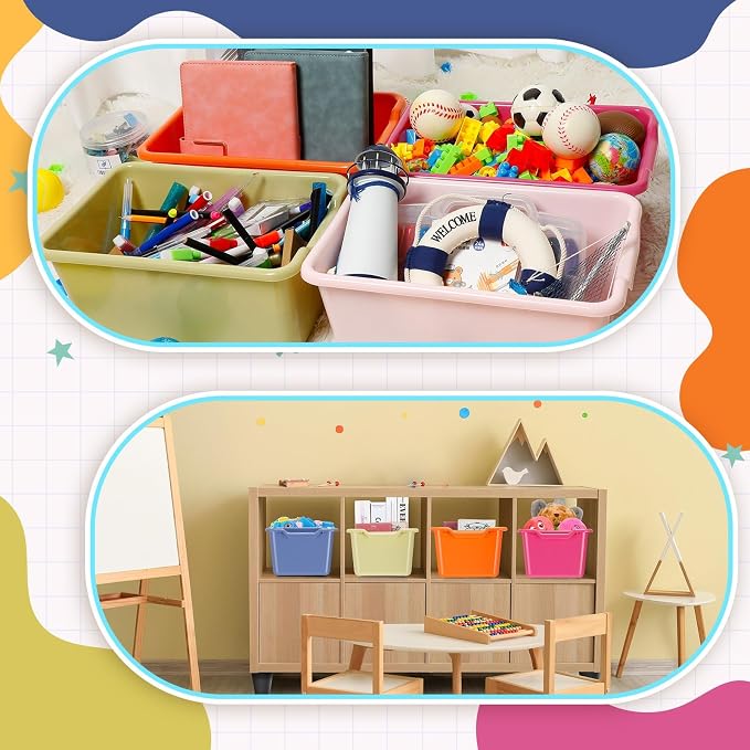 Dandat 16 Pcs Plastic Book Bins for Classroom Library Cubby Bins Scoop Front Stackable Toy Storage Tubs Containers for School Office Home Nursery Playroom Organization(Vintage Color) - Image 5