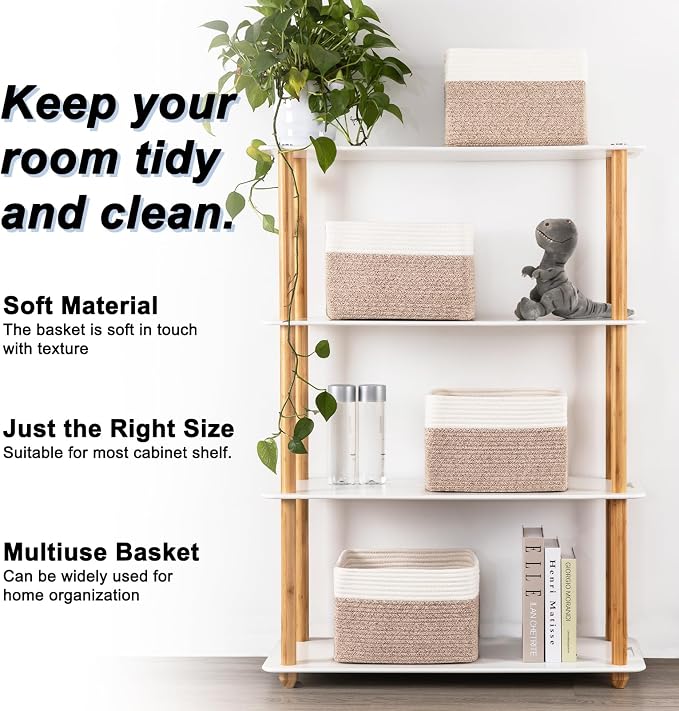 4 Pack Storage Baskets for Organizing, Woven Baskets for Shelves - Perfect for Toys, Books, Towels, and Clothes, Durable Gift Basket Bins Toy Storage, 12.7''Lx9''Wx7.8''H, Brown & White - Image 2