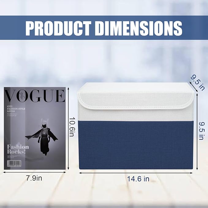 Bagnizer Large 22 Quart Linen Fabric Foldable Storage Bin Cube Organizer Basket with Flip-Top Lid & Handles, Clothes Blanket Box for Home, Office, Closet, Navy Blue & White, 4 Pack 14.6 x 9.5 x 9.5 - Image 2