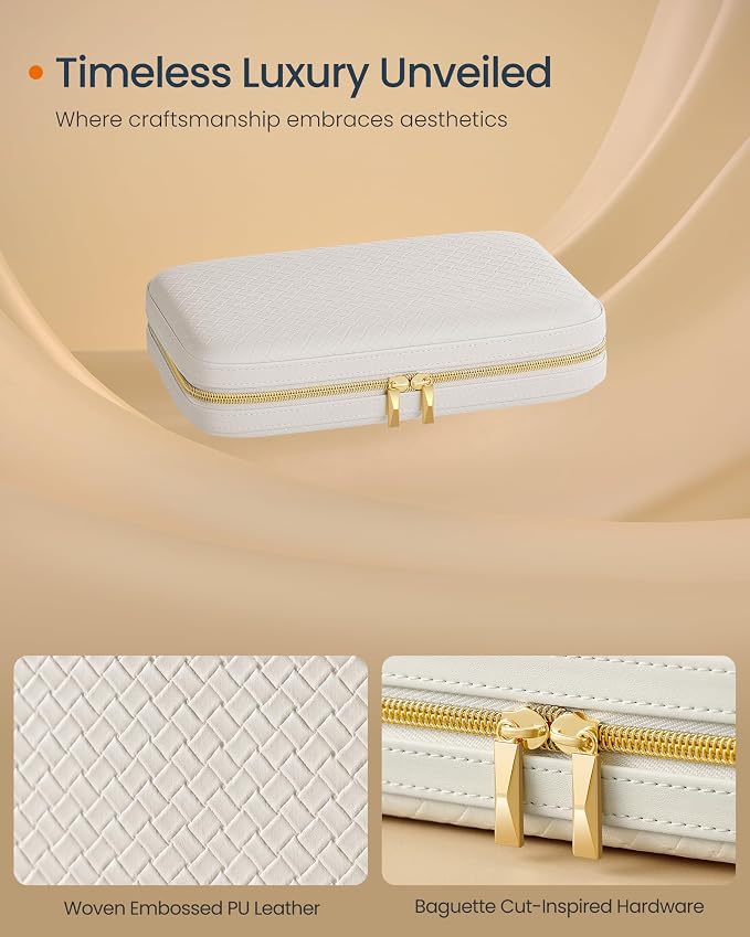 SONGMICS HOME Travel Jewelry Case, Jewelry Organizer Box with Mirror, Jewelry Pouch, Woven Embossed PU Leather, Hard Shell, Large Capacity, Gift Idea, Cloud White UJBC204W01 - Image 3